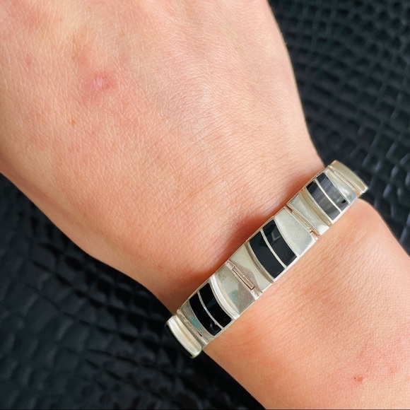 Vintage Onyx Sterling Silver Panel Bracelet CPT Signed - Picture 1 of 11